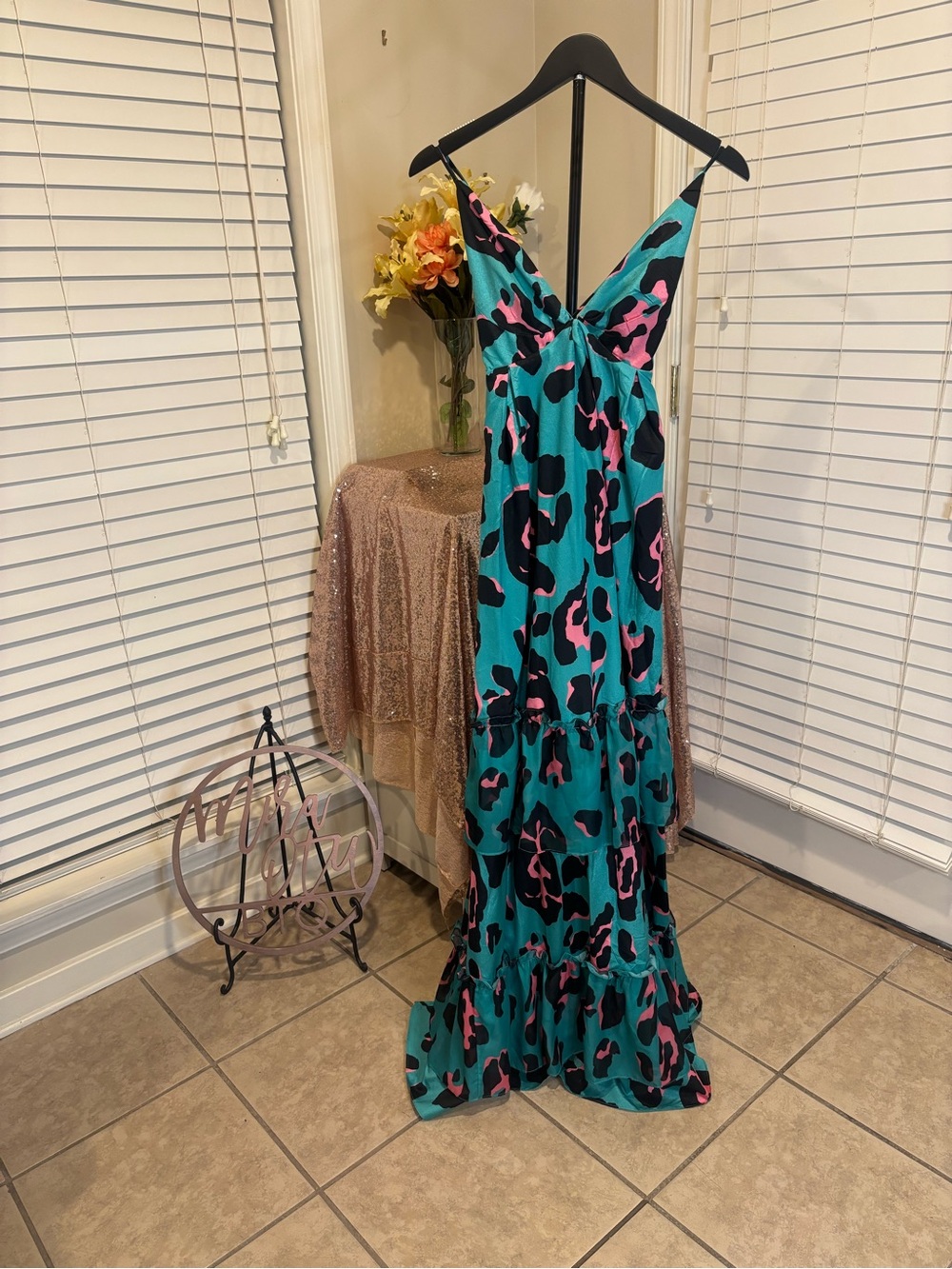 Teal V-Neck Tiered Maxi Dress with Pink & Black Abstract Print